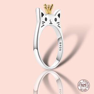 NWT Dainty Cat Ring SZ. 7 S925 Sterling Silver Stamped Crown Cute